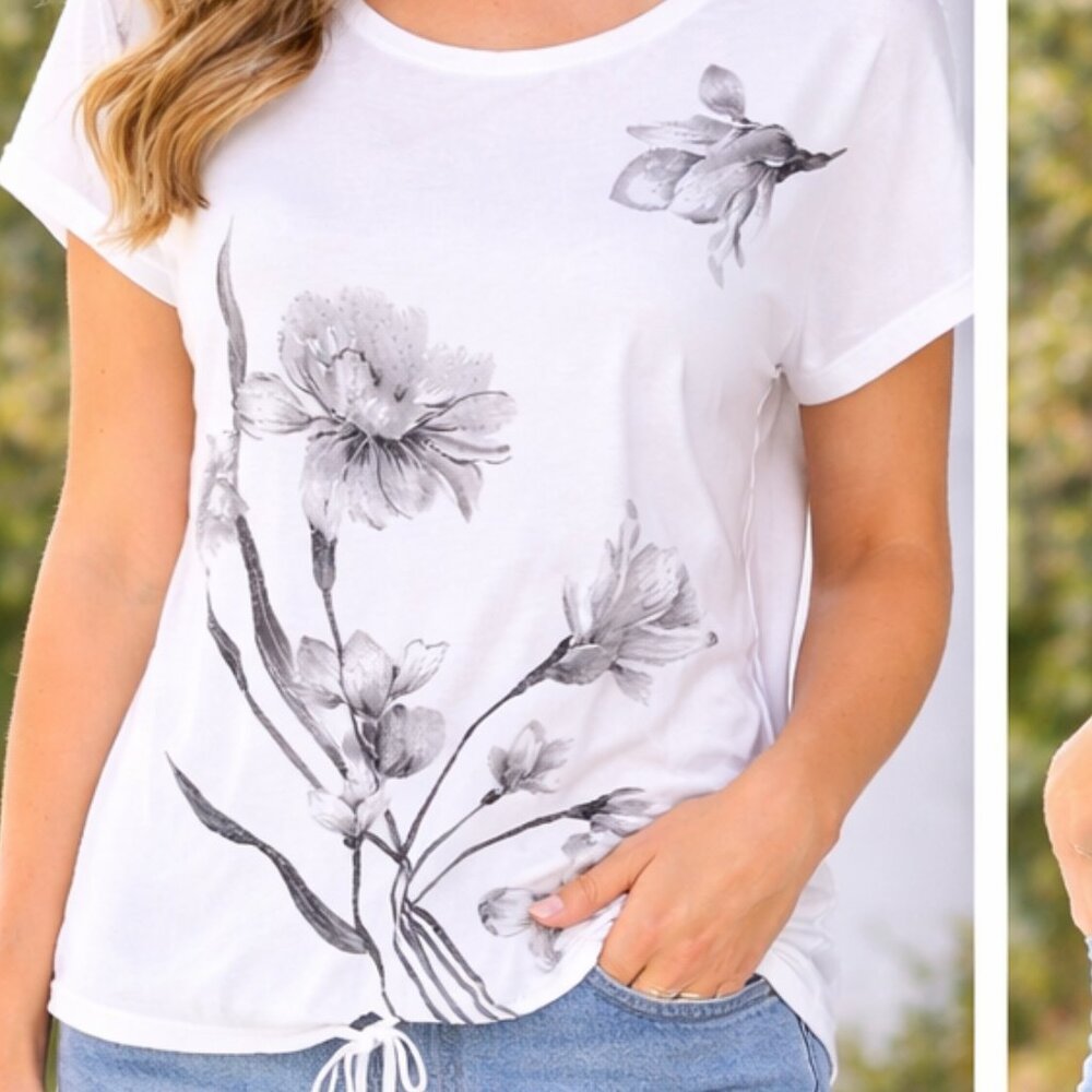 Agenda White Tee Grey Floral Embellished Tunic Drawstring Hem M Casual Top NWOT